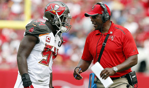 TAMPA, FL - SEPTEMBER 14: Linebacker Lavonte David #54 and Linebackers Coach Hardy Nickerson of the Tampa Bay Buccaneers during the game against the St. Louis Rams at Raymond James Stadium on September 14, 2014, in Tampa, Florida. The Buccaneers lost 19-17. (photo by Matt May/Tampa Bay Buccaneers)